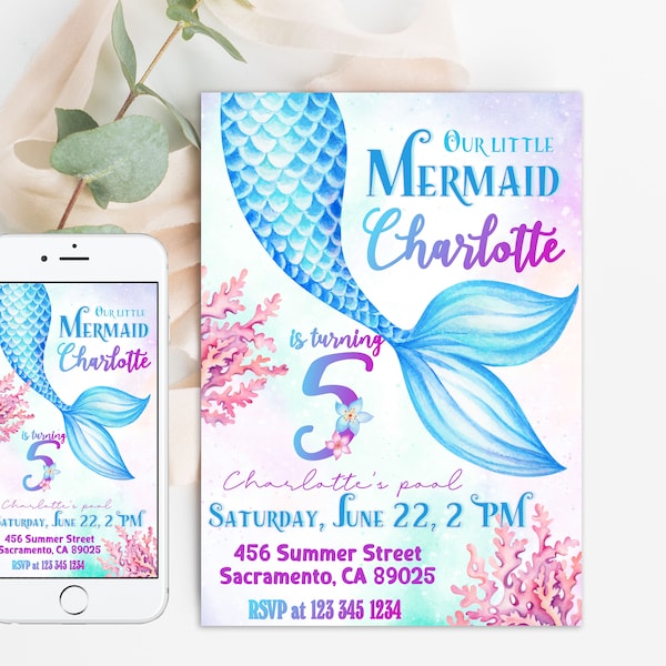 Mermaid Birthday Invitation Template. Editable Under the Sea Birthday Invite. Girl Mermaid Birthday Party