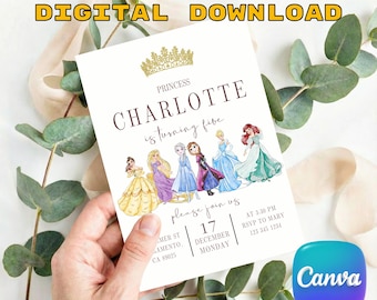 Disney Princess Birthday Invitation, Watercolor Princesses Party Invite, Ariel Cinderella Belle  Frozen, Magical Birthday Girl