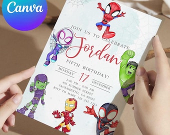 Invitación de cumpleaños de Spidey y sus increíbles amigos en acuarela • Plantilla editable de Canva • Invitación de cumpleaños de Spidey • Superhéroe digital