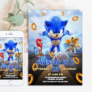 Invito digitale compleanno Sonic, invito elettronico a festa per bambini, tuono, biglietti d'invito compleanno Super Hedgehog per ragazzi
