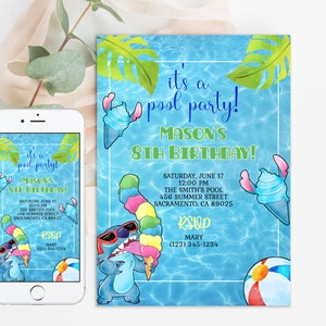Stitch-Geburtstags-Einladung | Stitch-Blitz-Party | Stitch Party einladen | Strandparty einladen | 20x20cm Geburtstagsparty einladen Digitale Einladung