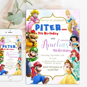 Mario Bros and Princess Disney Birthday pink Invitation | Digital Invite sister and brother 2 birthday