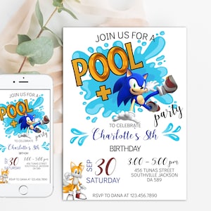 Pool Party Sonic Phone Birthday Invitation The Hedgehog Template, Pool Party Electronic Invitation, Electronic Invite, Phone Invite