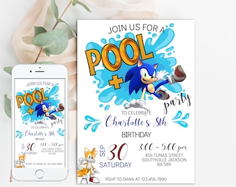 May include: A blue and gold pool party invitation featuring a cartoon Sonic the Hedgehog character. The invitation reads "Join us for a Pool + Party to celebrate Charlotte's 8th Birthday" with the date and time of the party. The invitation also includes a phone number to RSVP.