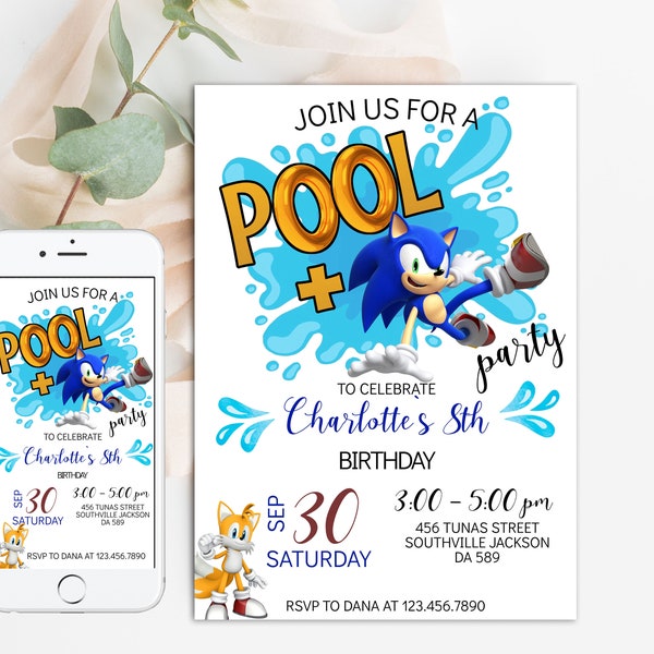 Pool Party Sonic Phone Birthday Invitation The Hedgehog Template, Pool Party Electronic Invitation, Electronic Invite, Phone Invite