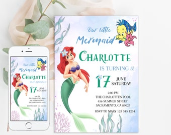 Invitation d'anniversaire princesse Ariel petite sirène modèle modifiable sous la mer fête personnalisée téléchargement numérique ou imprimé