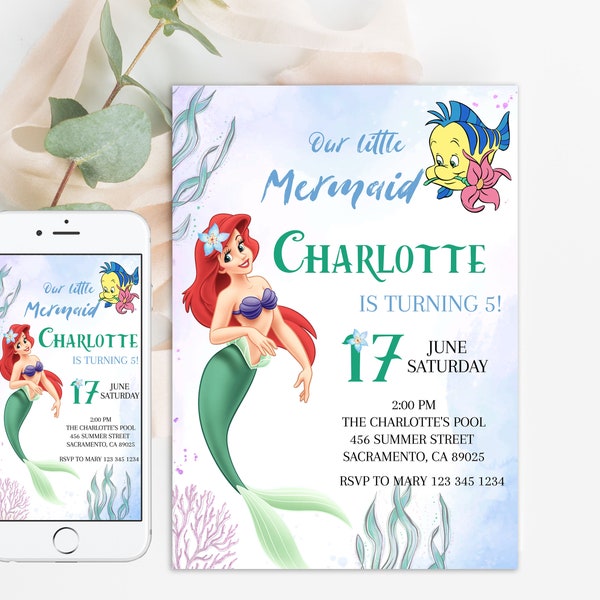 Little Mermaid Ariel Princess Birthday Invitation Girl Editable Template Under the Sea Party Custom Instant Download Digital or Printed