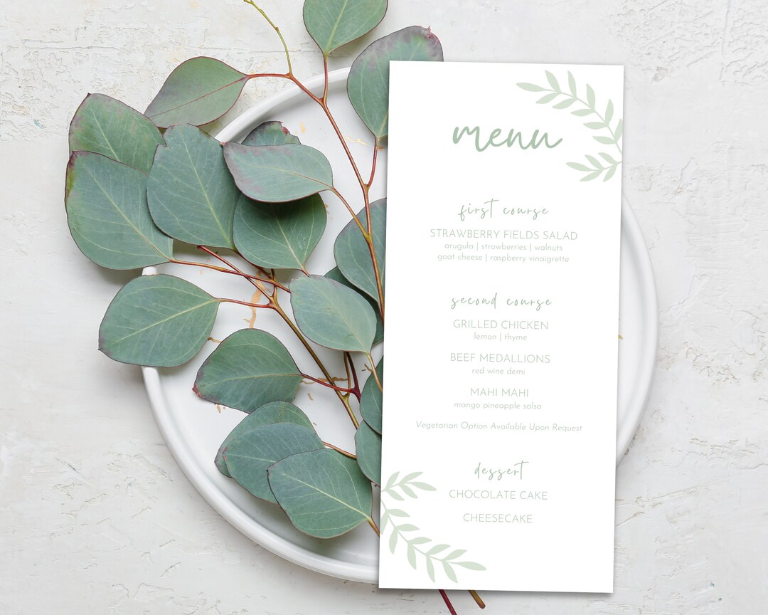 Simple Modern Green Leaf Menu Template Instant Download Printable Menu