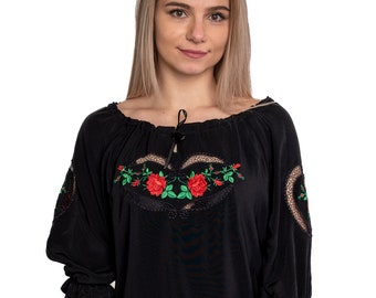 Polish folk,woman shirt,embroidery blouse, highlander blouse, flowers embroidery, folklore,shirt,black shirt,elegant,handmade