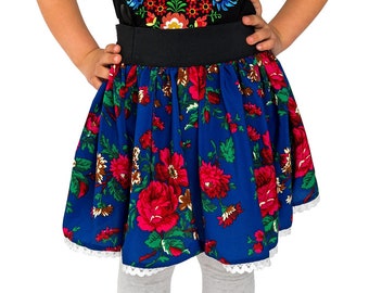 Falda regional para niñas, folk, montañesa, producción polaca, para niñas, para niños, hecha a mano, falda floral, falda corta, rojo, azul, blanco