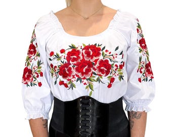 Polish folk,woman shirt,embroidery blouse, highlander blouse, flowers, embroidery roses, folklore,white,shirt,elegant,embroidery poppies.
