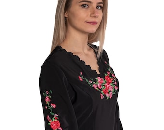 Polish folk,woman shirt,embroidery blouse, highlander blouse, flowers embroidery, folklore,black,shirt,handmade