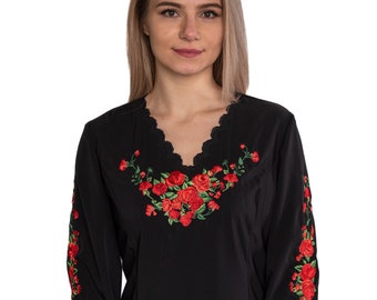 Polish folk,woman shirt,embroidery blouse, highlander blouse, flowers embroidery, folklore,black,shirt,elegant,handmade