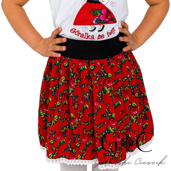 Girls regional skirt, folk, highlander, polish production, for girls, for children, handmade, floral skirt, short skirt, red, blue, white