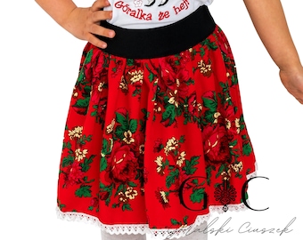 Falda regional para niñas, folk, montañesa, producción polaca, para niñas, para niños, hecha a mano, falda floral, falda corta, rojo, azul, blanco