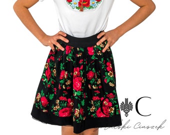 Falda regional para niñas, folk, montañesa, producción polaca, para niñas, para niños, hecha a mano, falda floral, falda corta, rojo, azul, blanco