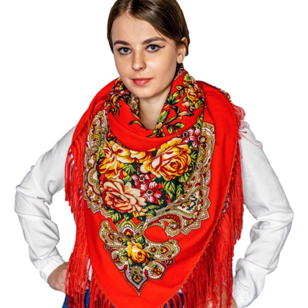 Polish folk,wool scarf,polish scarf,highlander scarf,flower shawl,large scarf,red scarf,regional,tradition,folklore,handmade,scarf,big scarf