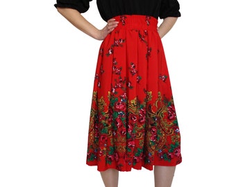 Medium-long traditional highland skirt, folk skirt, red traditional skirt, floral skirt, tradition, folklore, red, women skirt