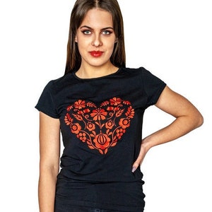 Polish folk embroidery T-shirt, highlander T-shirt,embroidery T-shirt,folklore,black,red heart,cotton,handmade,regional,cotton shirt