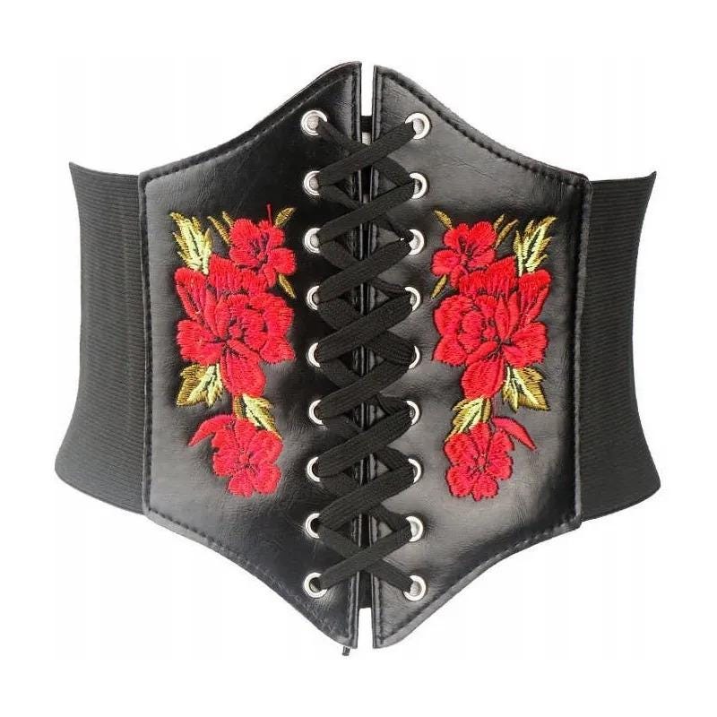 ?Vintage Black Corset Lace Up Belt with Floral Embroidery M L Women Lace Tie Up Corset Ladies Wide Waist Waistband Rose  main image 4