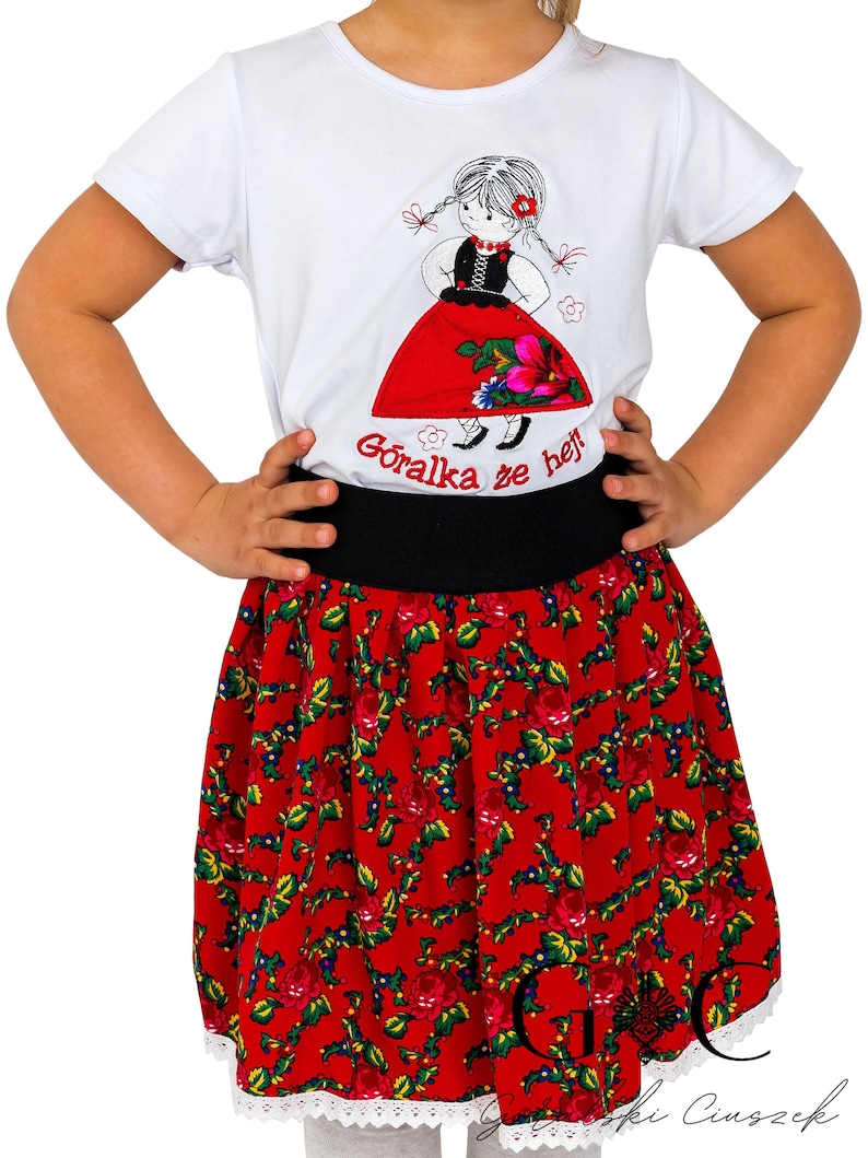 Falda regional para niñas, folk, montañesa, producción polaca, para niñas, para niños, hecha a mano, falda floral, falda corta, rojo, azul, blanco imagen 1