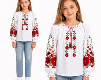 Blusa blanca folclórica bordada para niñas, camisa floral de montañés polaco, top campesino con flores rojas, traje tradicional para niños