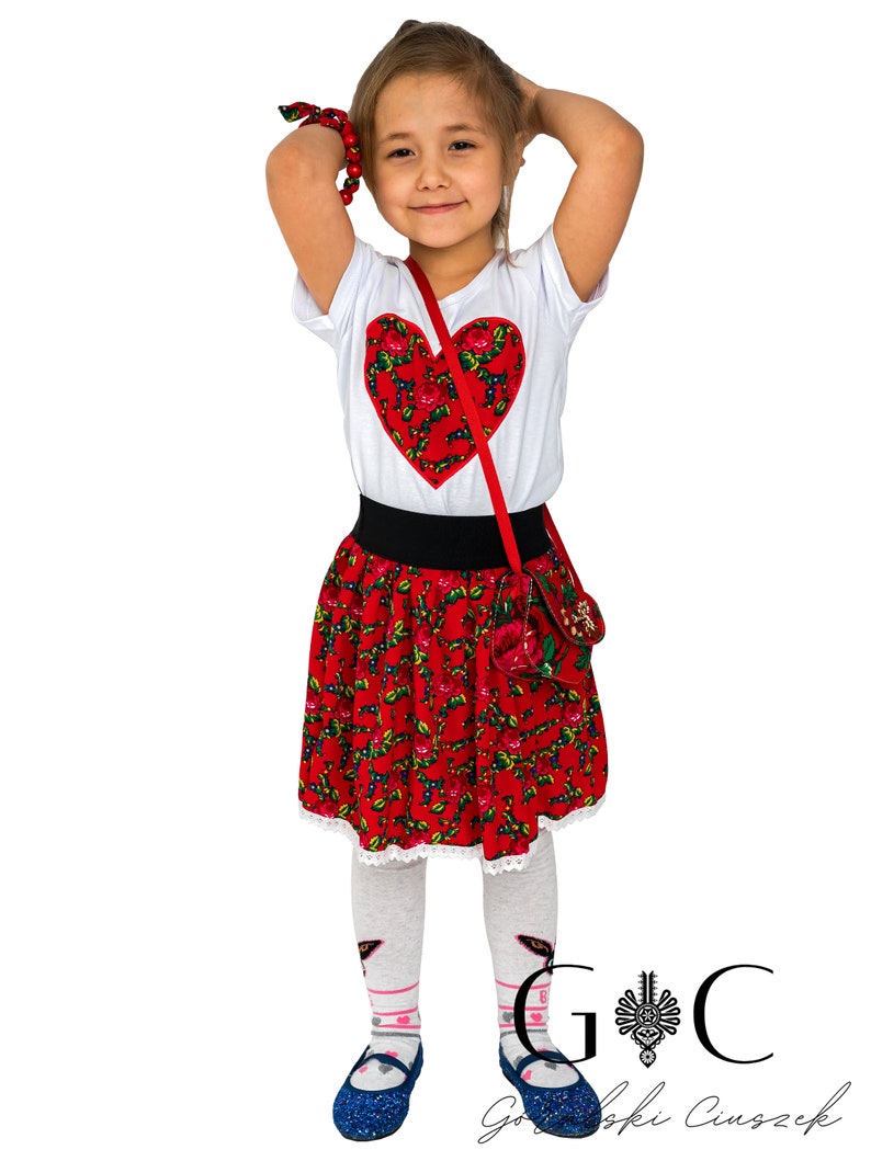 Falda regional para niñas, folk, montañesa, producción polaca, para niñas, para niños, hecha a mano, falda floral, falda corta, rojo, azul, blanco imagen 5