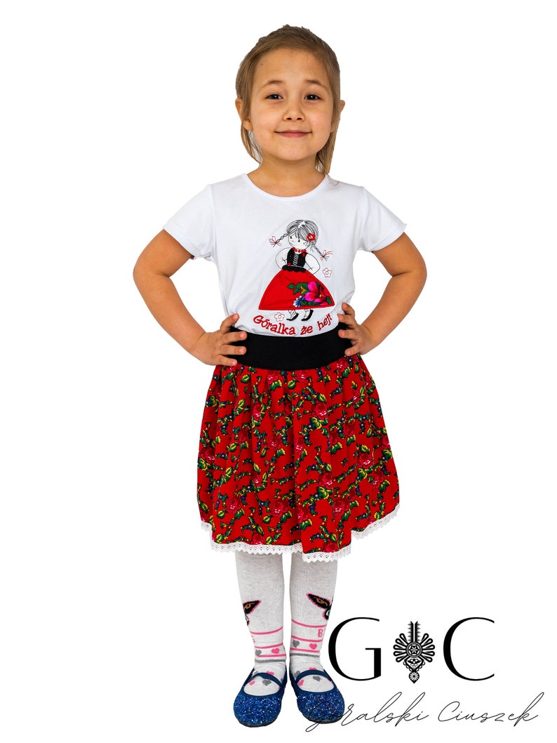 Falda regional para niñas, folk, montañesa, producción polaca, para niñas, para niños, hecha a mano, falda floral, falda corta, rojo, azul, blanco imagen 2