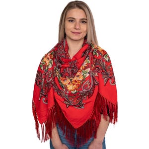 Polnischer Folk, Wollschal, polnischer Schal, Highlander-Schal, Blumenschal, großer Schal, roter Schal, regional, Tradition, Folklore, handgefertigt, Schal, großer Schal