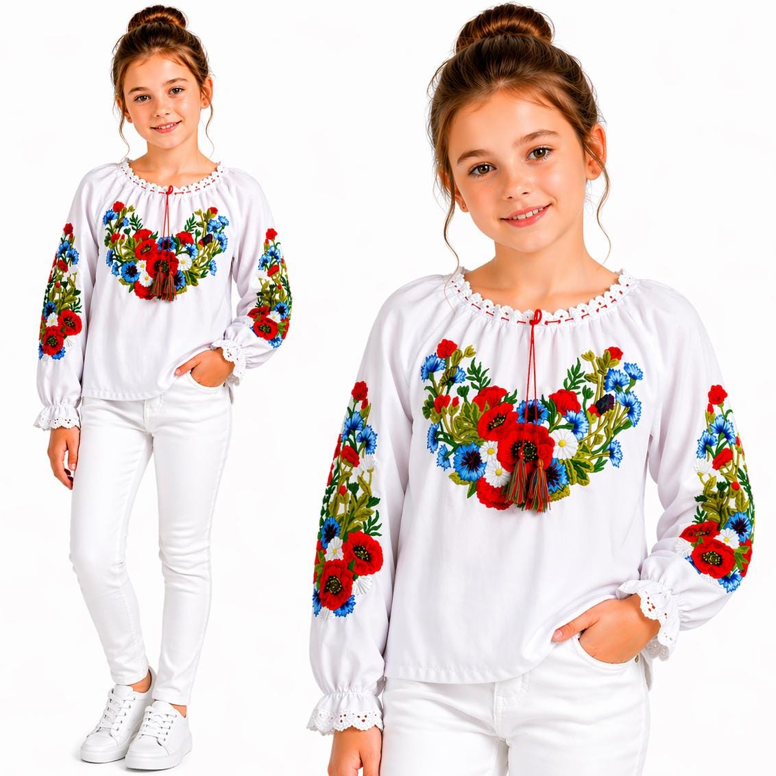 Girls White Embroidered Folk Blouse, Polish Highlander Wildflower Shirt, Red Blue Floral Peasant Top, Kids Costume