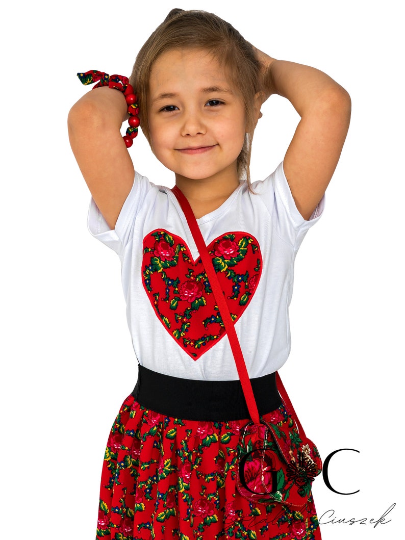 Falda regional para niñas, folk, montañesa, producción polaca, para niñas, para niños, hecha a mano, falda floral, falda corta, rojo, azul, blanco imagen 4