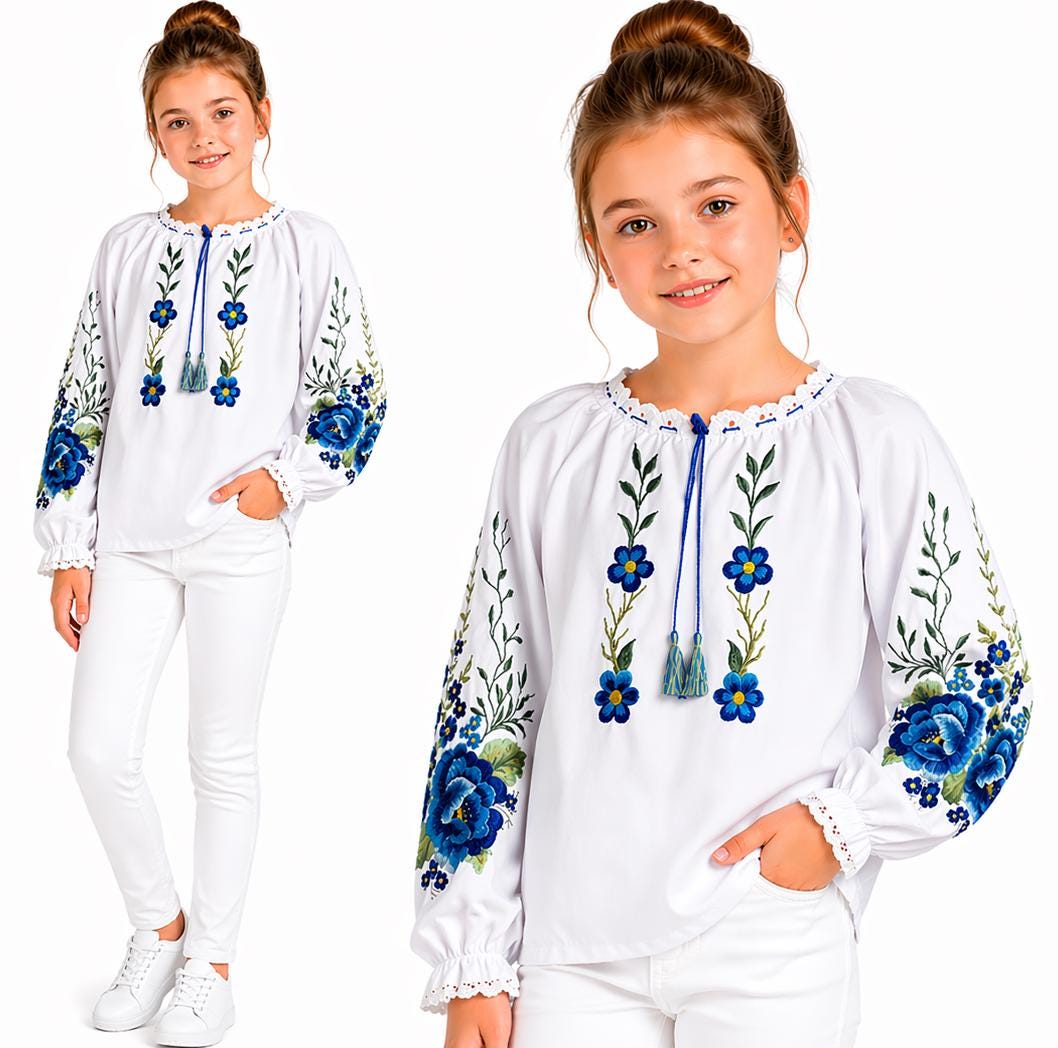 Girls White Embroidered Folk Blouse, Polish Highlander Blue Floral Shirt, Blue Rose Peasant Top, Traditional Kids Costume