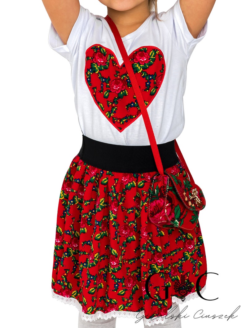 Falda regional para niñas, folk, montañesa, producción polaca, para niñas, para niños, hecha a mano, falda floral, falda corta, rojo, azul, blanco imagen 3