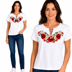 Polsk folkbroderi-t-shirt, högländare-t-shirt, broderi-t-shirt, folklore, svart, vit, t-shirt, bomull, handgjord, regional, bomullsskjorta
