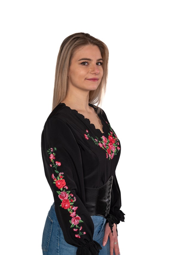 Chemise Noire Femme Taille S - Broderie De Fleurs Roses - Viscose, Manches Longues - Occasion Très Bon état