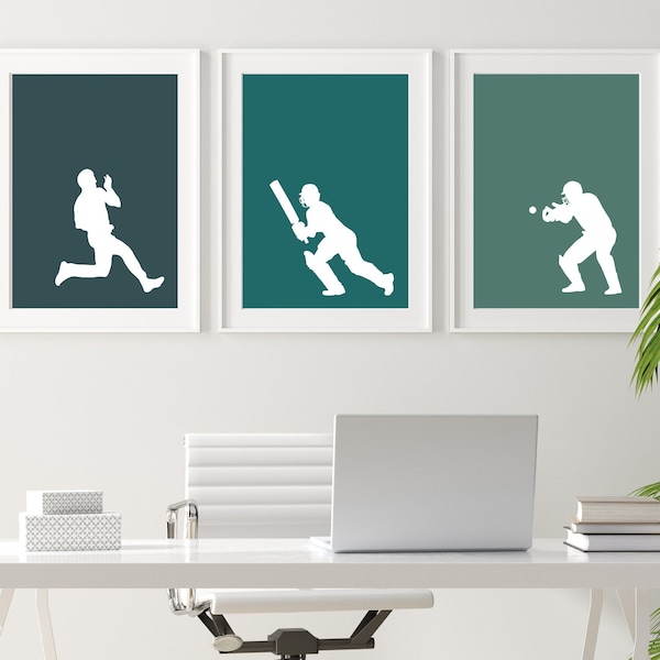 Cricket Prints Set of 3, Cricket Digital Art, Modern Art, Basic Design, Green Print, Cricket Posters, Sports print, Sports poster, sport art