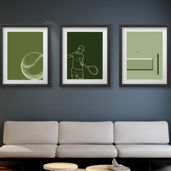 Tennis Prints Set of 3, Tennis Digital Art, Modern Art, Basic Design, Green Print, Tennis Posters, Tennis Art, Tennis Digital Download,