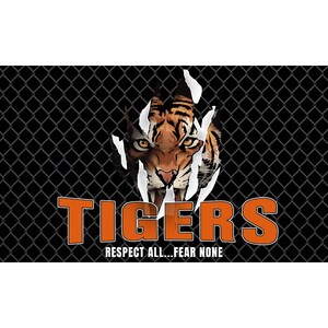 May include: A fierce orange tiger face breaks through a black chain link fence. The words "TIGERS" are in orange text below the tiger, and the phrase "RESPECT ALL...FEAR NONE" is in smaller orange text below the word "TIGERS".
