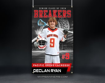 May include: A lacrosse player wearing a white jersey with red and yellow accents, holding a lacrosse stick. The jersey has the text "Pacific Grove" and the number "9". The player is standing in front of a black and white stadium background. The banner reads "Senior Class of 2024 Breakers #9 Pacific Grove Lacrosse Declan Ryan MVPBANNERS.COM"