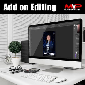 May include: A computer screen displaying a digital design for a graduation banner. The banner features a photo of a young woman in a blue jacket, the text "Senior 2024", and the name "Brooke Watkins" with the school name "Oaktree Park High School".