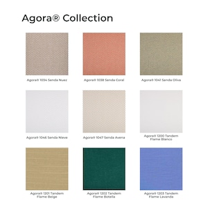 May include: The Agora Collection display features nine fabric swatches in a grid. Colors include Nuez, Coral, Oliva, Nieve, Avena, Flame Blanco, Flame Beige, Flame Botella, and Flame Lavanda. Each swatch is labeled with its specific name and code.