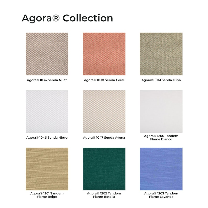 May include: The Agora Collection display features nine fabric swatches in a grid. Colors include Nuez, Coral, Oliva, Nieve, Avena, Flame Blanco, Flame Beige, Flame Botella, and Flame Lavanda. Each swatch is labeled with its specific name and code.