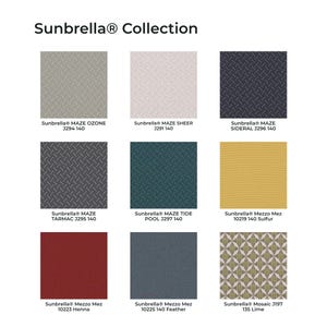 May include: A Sunbrella Collection display featuring nine fabric swatches. Eight squares show a diamond-patterned texture in gray, light pink, dark blue, charcoal, teal, red, and blue. One square displays a geometric lime green and white pattern.
