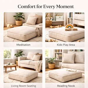 May include: A beige ottoman in four different settings: meditation, kids' play area, living room seating, and reading nook. The text "Comfort for Every Moment" is at the top. Each setting features a beige ottoman, a sofa, and decorative items.