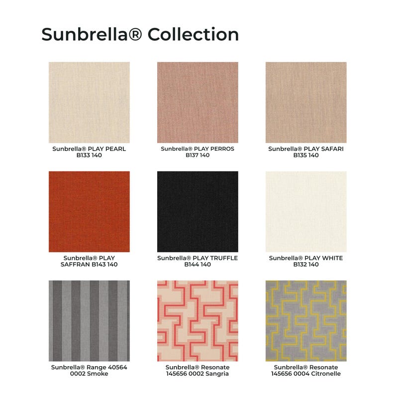 May include: A Sunbrella Collection fabric swatch display featuring nine squares. Colors include pearl, perros, safari, saffran, truffle, and white. Patterns include grey vertical stripes, a red geometric maze, and a yellow geometric maze on grey.