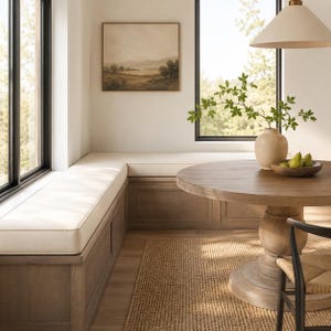 May include: A built-in wooden bench with off-white cushions positioned in a corner, paired with a round wooden pedestal dining table, a woven rug, a ceramic vase with green branches, a bowl of pears, and a framed landscape painting.