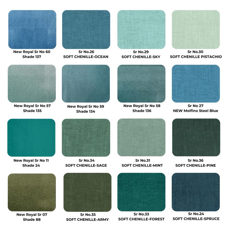 Set of 16 fabric swatches, including soft-touch, velvet, and durable fabrics, perfect for customizing cushions, sofas, and seating.