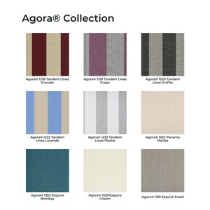 May include: The Agora Collection features nine fabric swatches with various patterns and colors. Designs include vertical stripes in maroon, purple, gray, blue, and white, alongside solid cream and textured herringbone patterns in teal, cream, and gray.