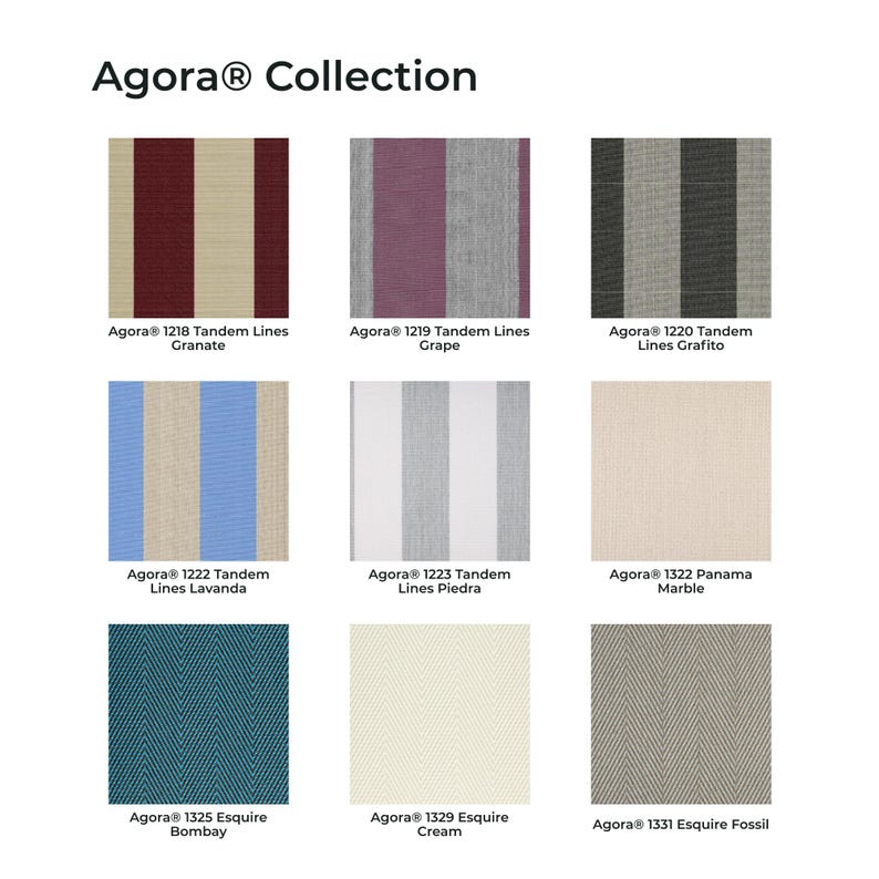 May include: The Agora Collection features nine fabric swatches with various patterns and colors. Designs include vertical stripes in maroon, purple, gray, blue, and white, alongside solid cream and textured herringbone patterns in teal, cream, and gray.