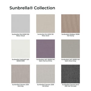 May include: A Sunbrella Collection fabric swatch grid featuring nine distinct color options: Relax Cloud, Relax Sand, Robben Hemp, Sailcloth Salt, Satin Parma Chine, Satin Dove Grey, Savane Grey, Savane Silver, and Savane Tornado with labels.